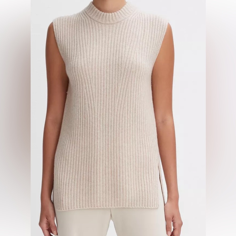 Beige Ribbed Wool and Cashmere Sleeveless Tunic Sweater